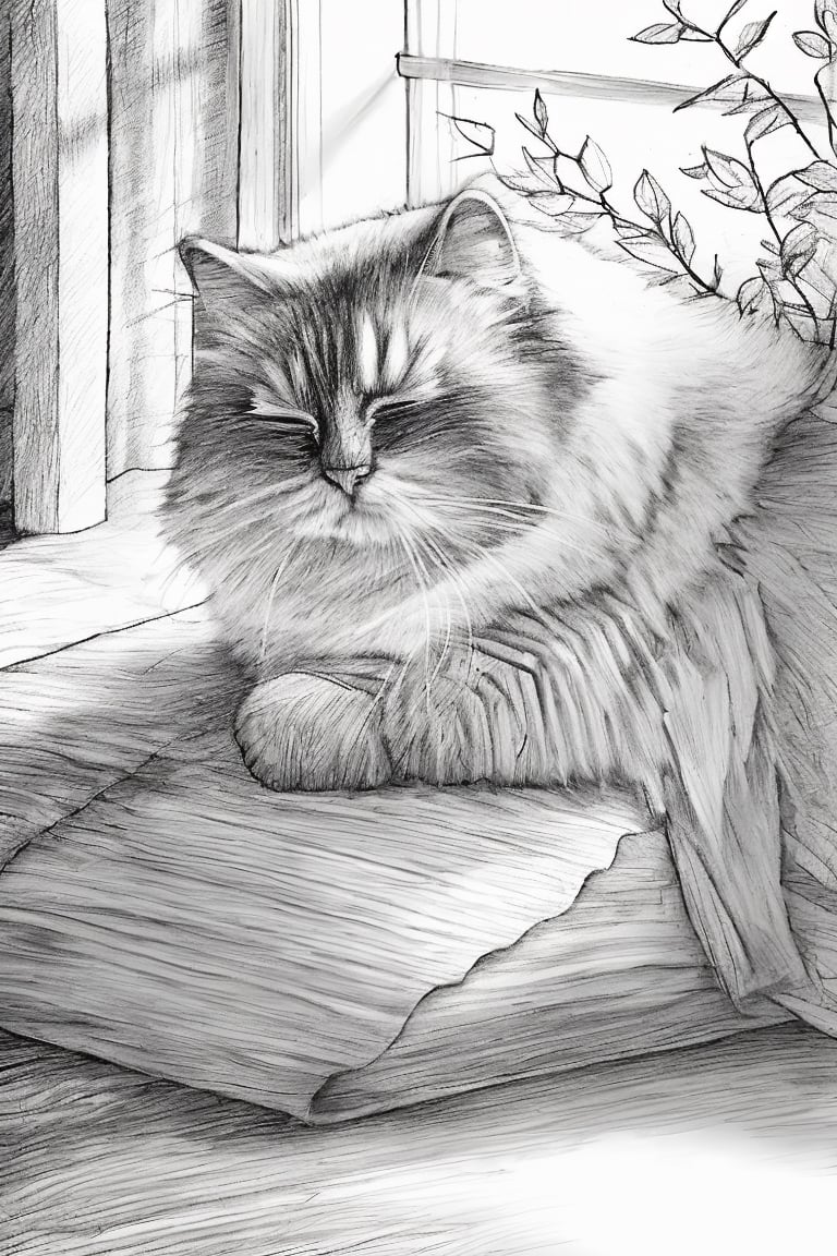 pencil drawing, line art, graphite media, crosshatching texture, birman cat, sleeping, windowsill, monochome