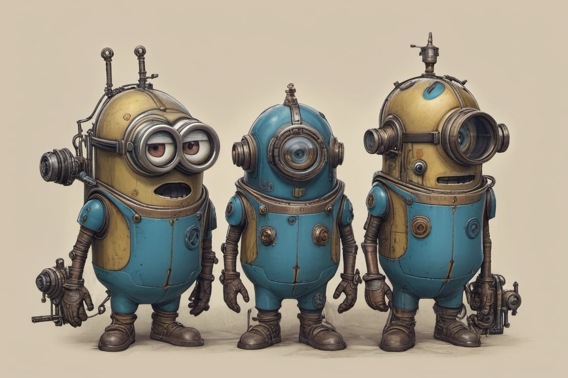 a drawing of minions, a detailed drawing, by featured on deviantart, academic art, full details anatomy poster, industrial design blueprint, restored colors, saint petersburg, steam-punk ,oil paint,v0ng44g,cyberpunk style