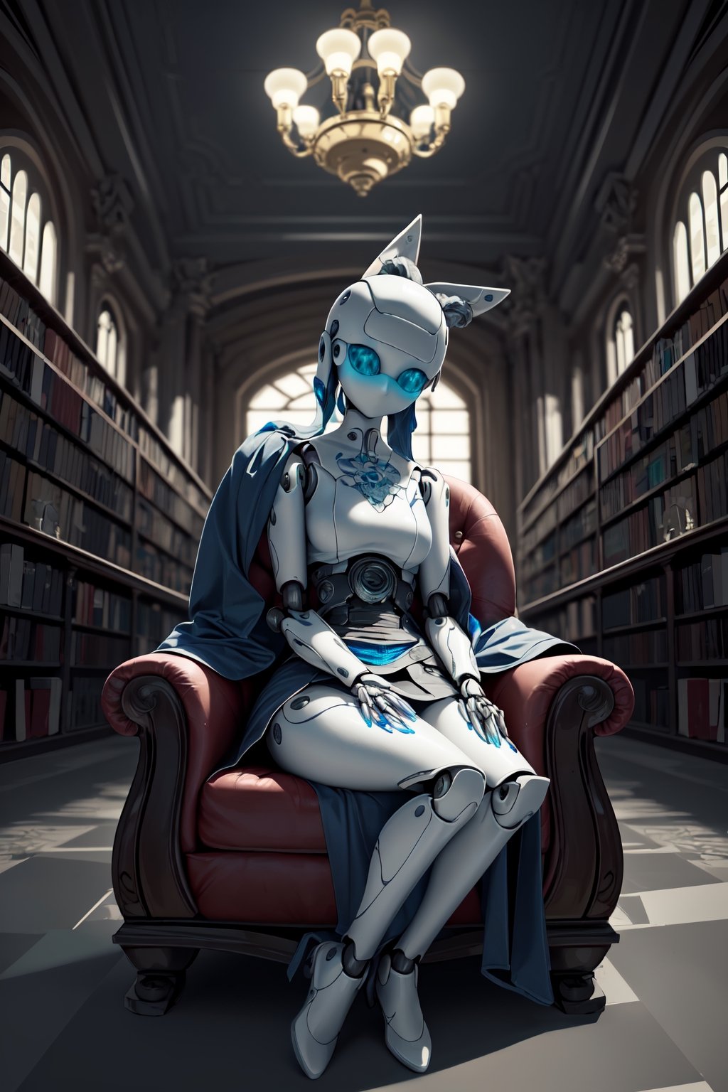 best quality, masterpiece,  realistic illustration, (mechanical), 8k artistic photography, perfect light.,1 doll,bjd,sitting in old library
