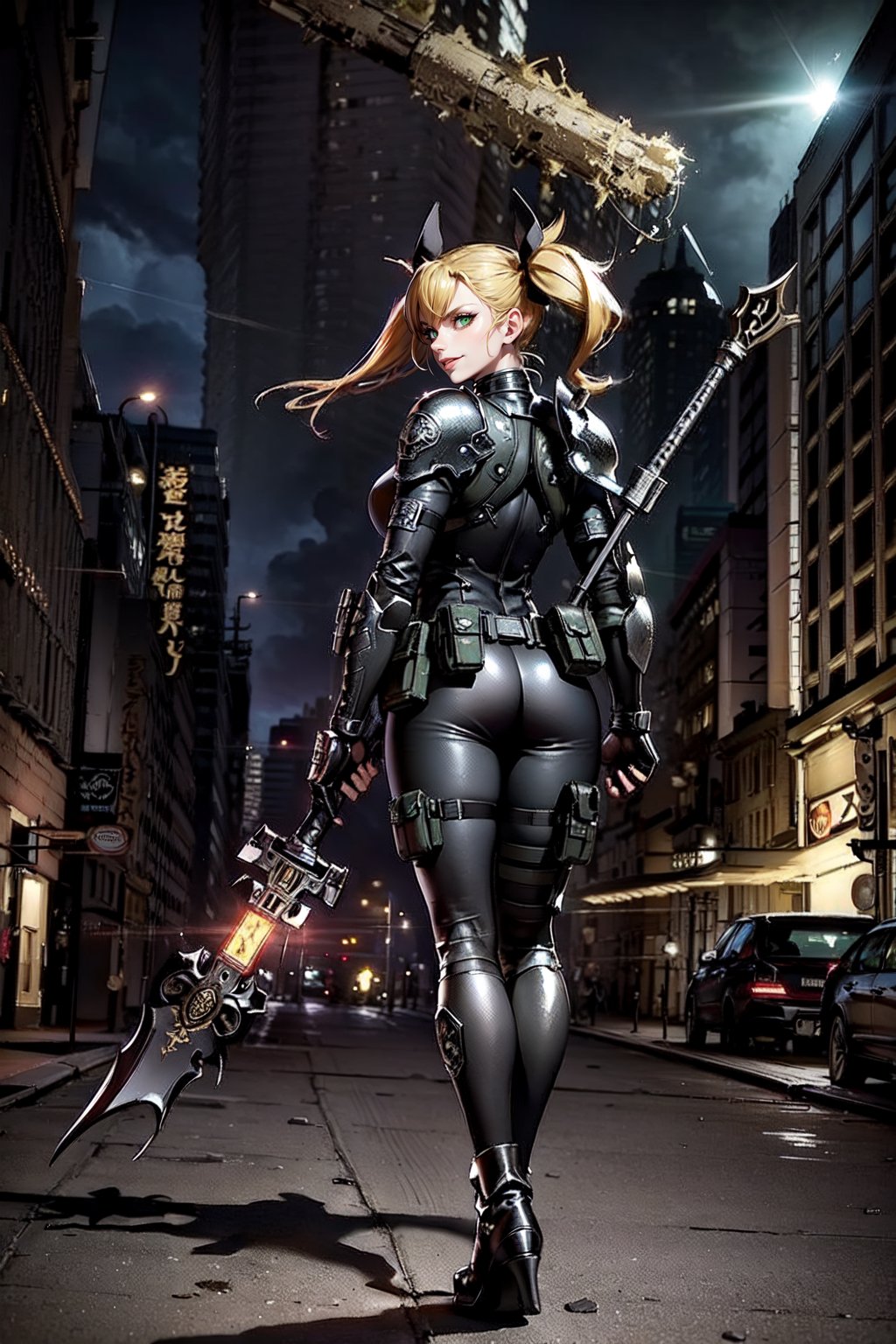 (super wide Angle),fish eye, HD, full body photos,((photorealistic)), masterpiece, best quality, 8K , ((night city Ruins background)),(dark fantasy art style sharp details,dynamic poses), (3D rendering, cinematic lighting effects, realism )
((1 girl, solo, 16 year-old, blonde hair, twintails,green eyes, black bodysuit , shoulder armor, gauntlets, boots, mask around neck, holding 1 huge battle ax, looking back,look at viewer, from behind, tongue out, evil smile:1.0))