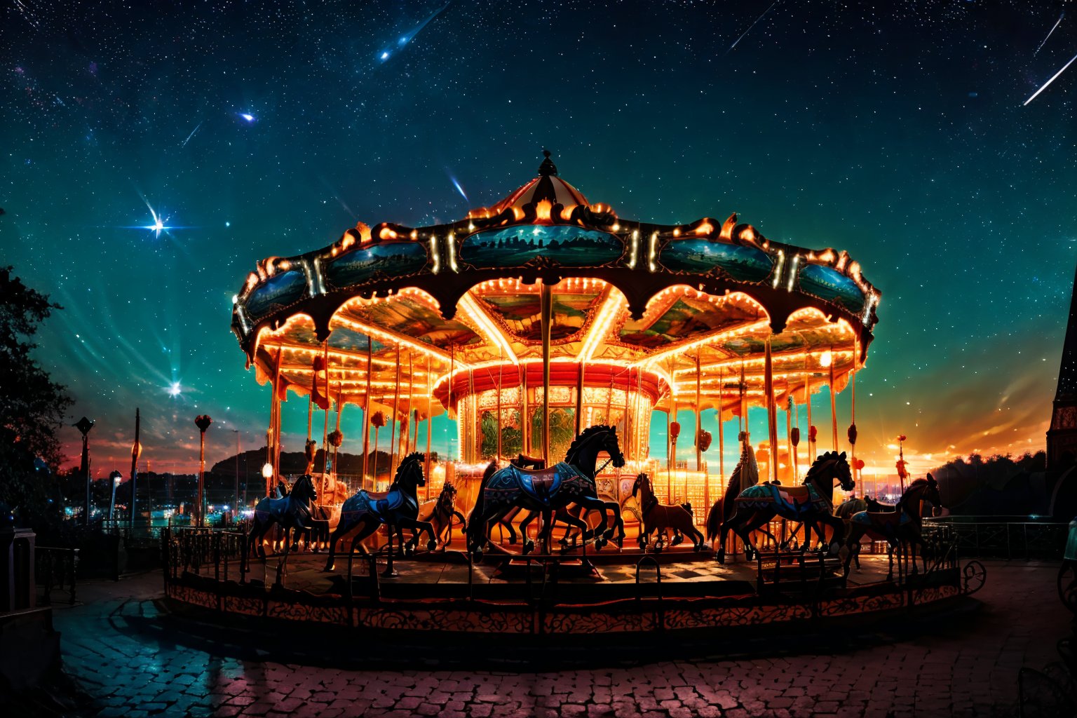 a carousel in sunset, beautiful sky, The seats are traditionally in the form of rows of wooden horses or other animals mounted on the edge of the rotating platform. the carousel is depicted with a variety of animal figures, illuminated by lights, and set against a night sky sprinkled with stars. The reflection on the water's surface suggests that the carousel is located near a body of water. The overall impression is one of whimsy and enchantment