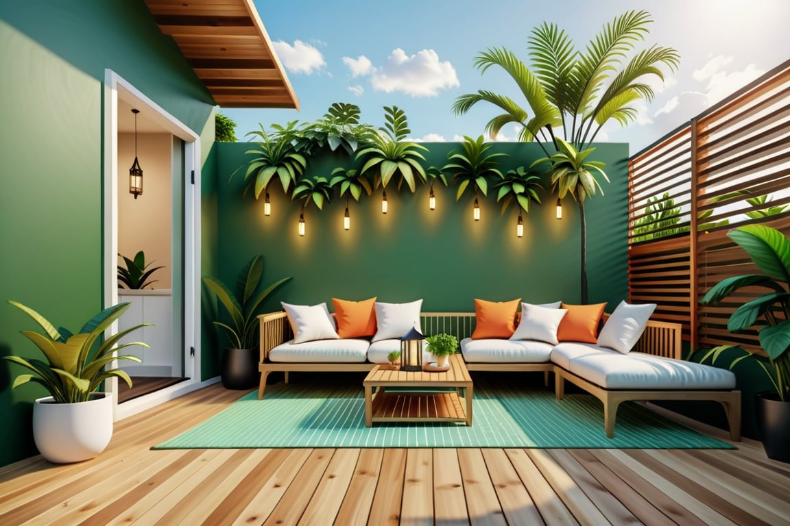 Modern contemporary style small wooden terrace in lush garden with house interior background 3d render, there are green wall fence decorated with white outdoor furniture and string light