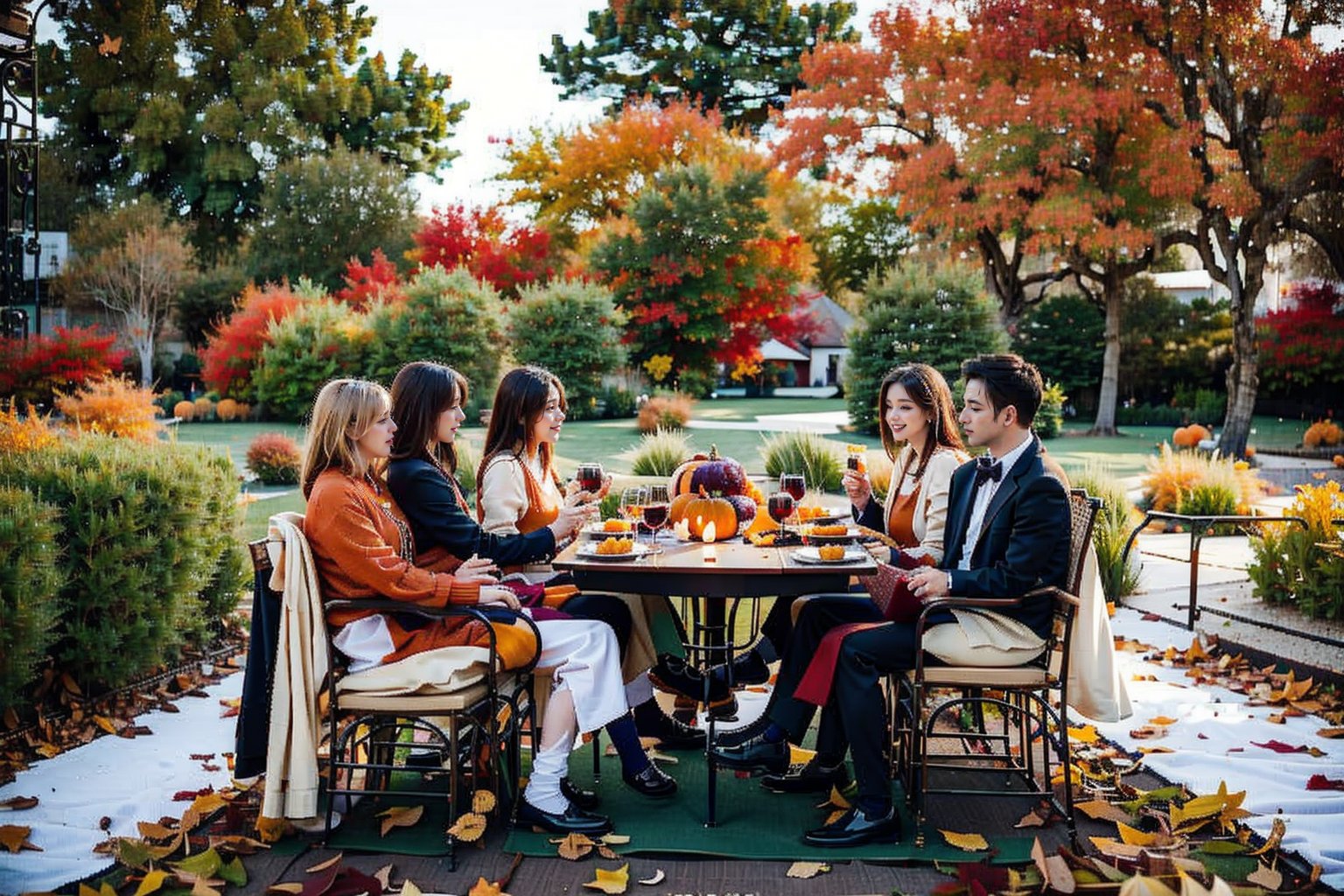 Fall table decoration with pumpkins, wine. Family thanksgiving dinner arrangement outdoors in the garden. Countryside style, simple handmade setting, (autumn mood)