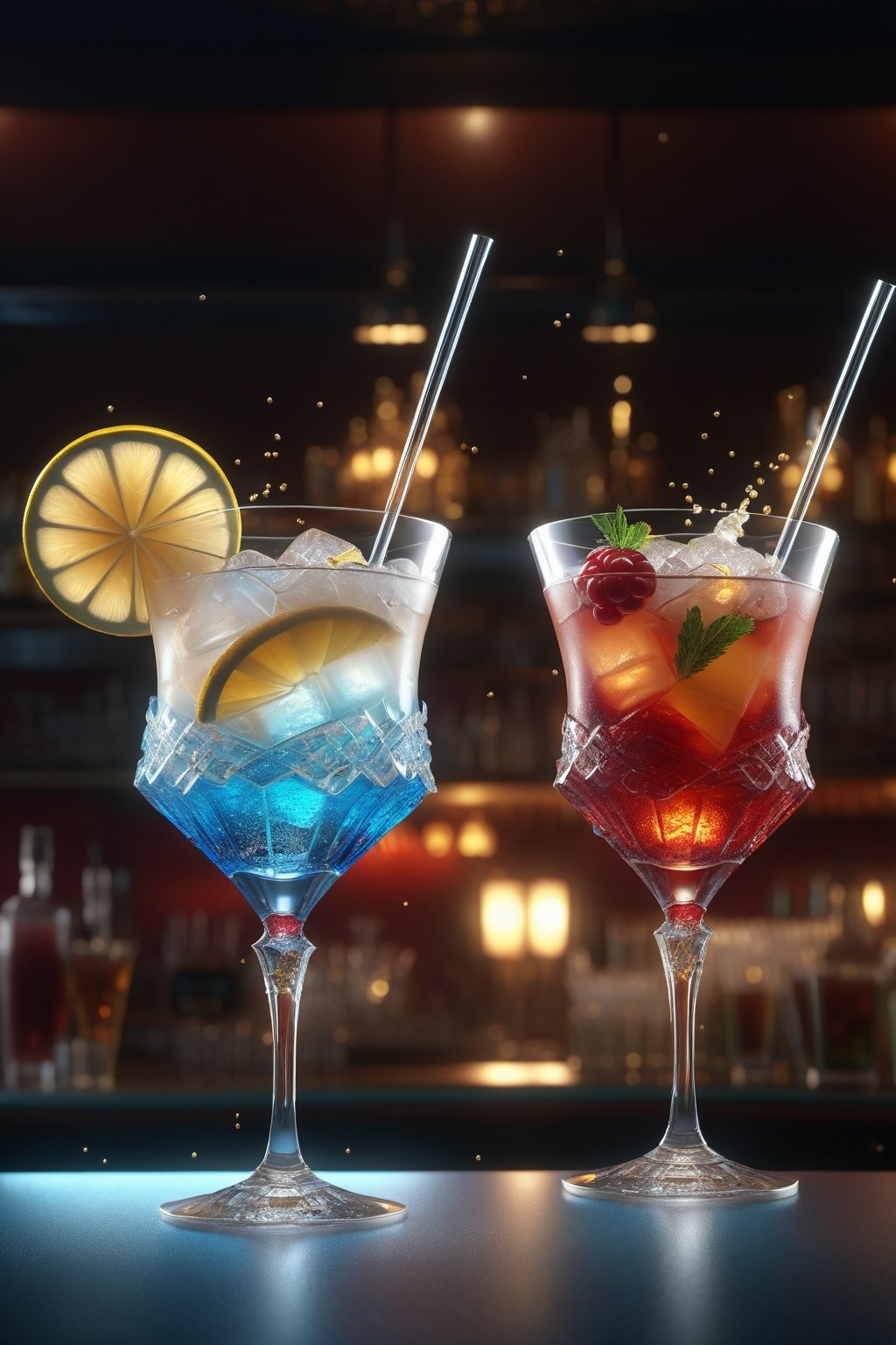 dramatic lighting
, 8k,highres,masterpiece:1.2,ultra-detailed,realistic,photorealistic:1.37,Close-up ,((Freeze Motion Shot of Clinking Two Glasses of Cocktail,)) ,Cocktail glasses clinking at bar , ,gyouza,photorealistic,booth,DonMC0ff33Ch0c  ,make_3d,food focus,no humans