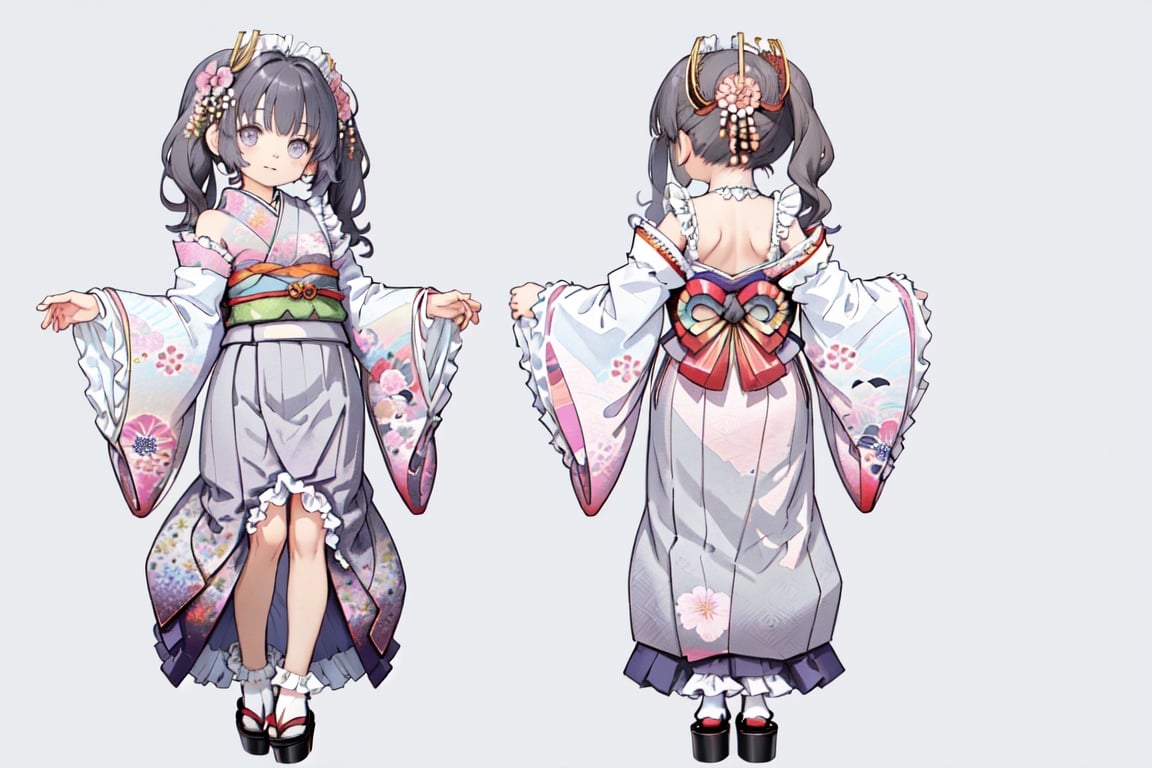 masterpiece, best quality, (extremely detailed face),1 cute little girl, ,twin ponytails,( ( frills, japanese clothes, hair flower,wide sleeves, kimono, floral print, skirt)), bow decoration,Mucha style, elegant clothing, CharacterSheet (multiple views,( (front full body)),( (back full body)), reference sheet:1), character design, reference sheet, multiple views(gray background, simple background:1.2),best quality