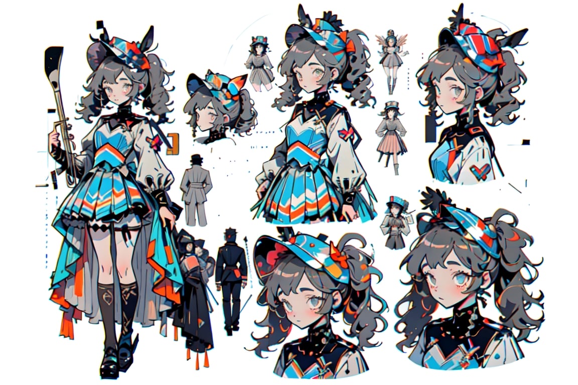 masterpiece, best quality, (extremely detailed face),1 cute little girl, 6 year-old,twin ponytails,( (Marching Band costume)), little skirt, little hat, exquisite costume, bow decoration,Mucha style, elegant clothing, CharacterSheet (multiple views, (front full body), (back full body), reference sheet:1), character design, reference sheet, multiple views(gray background, simple background:1.2),mecha,GothGal