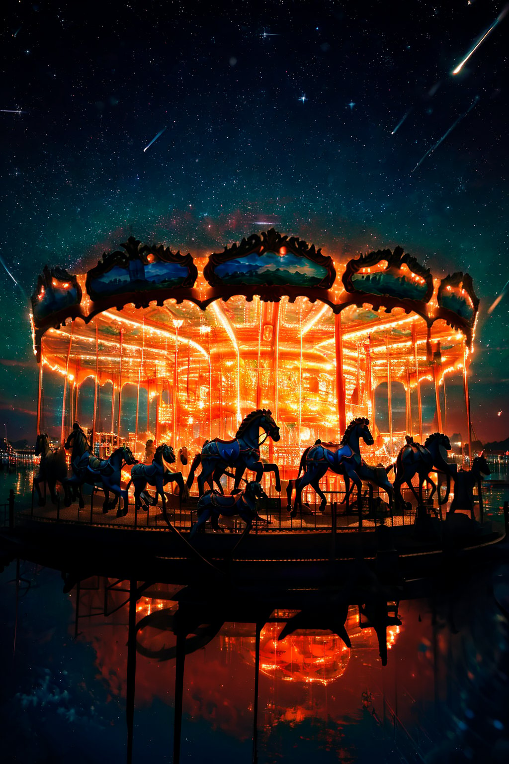 a carousel in sunset, beautiful sky, The seats are traditionally in the form of rows of wooden horses or other animals mounted on the edge of the rotating platform. the carousel is depicted with a variety of animal figures, illuminated by lights, and set against a night sky sprinkled with stars. The reflection on the water's surface suggests that the carousel is located near a body of water. The overall impression is one of whimsy and enchantment