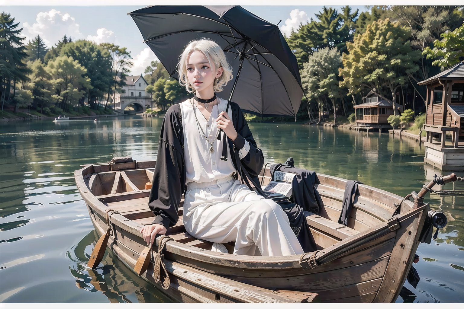 (1girl, black hair, black hair,  black dress,  hair bow ,jewelry, necklace, holding umbrella), 
(1boy, white hair, holding book, book, reading, white shirt, white trousers,) 
(((1 boy 1 girl)), sitting in boat, boat on water), realistic, watercraft, trees,flowers