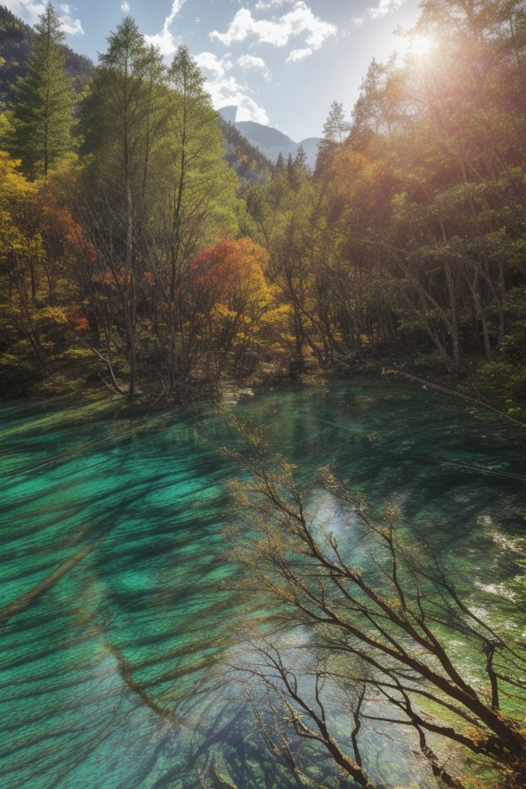 jiuzhaigou valley landscape,8k, clear lake,trees,Colorfull,Ultra-wide lens view,Richness,photo realistic,colorfull