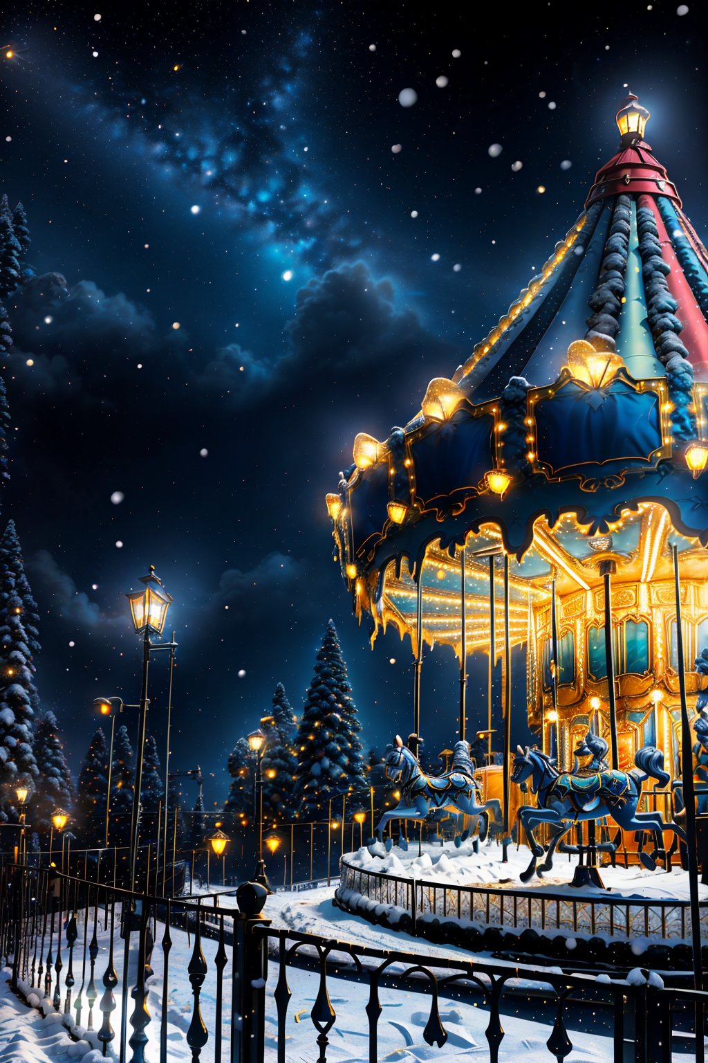 outdoors, night, scenery, snow, railing, lamppost
a carousel ,night sky, illuminated by lights, and set against a night sky sprinkled with stars. Whimsical and magical photo scene, blue and gold colors, in the style of miki asai,Ultra-wide lens view,Tilt-shift photography