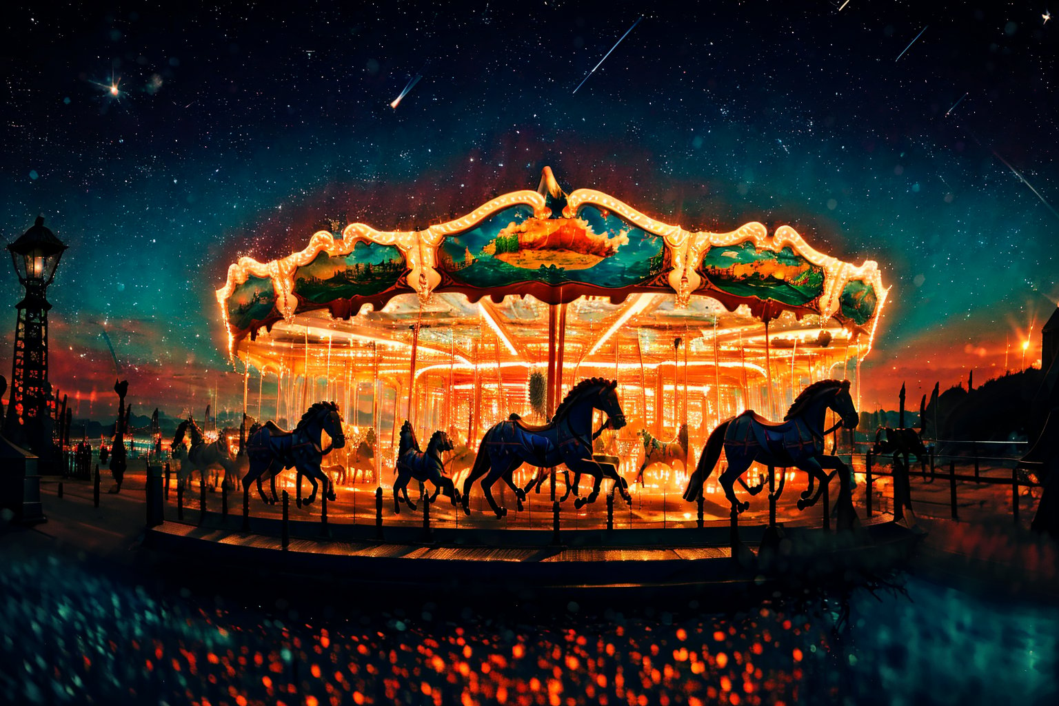 a carousel in sunset, beautiful sky, The seats are traditionally in the form of rows of wooden horses or other animals mounted on the edge of the rotating platform. the carousel is depicted with a variety of animal figures, illuminated by lights, and set against a night sky sprinkled with stars. The reflection on the water's surface suggests that the carousel is located near a body of water. The overall impression is one of whimsy and enchantment