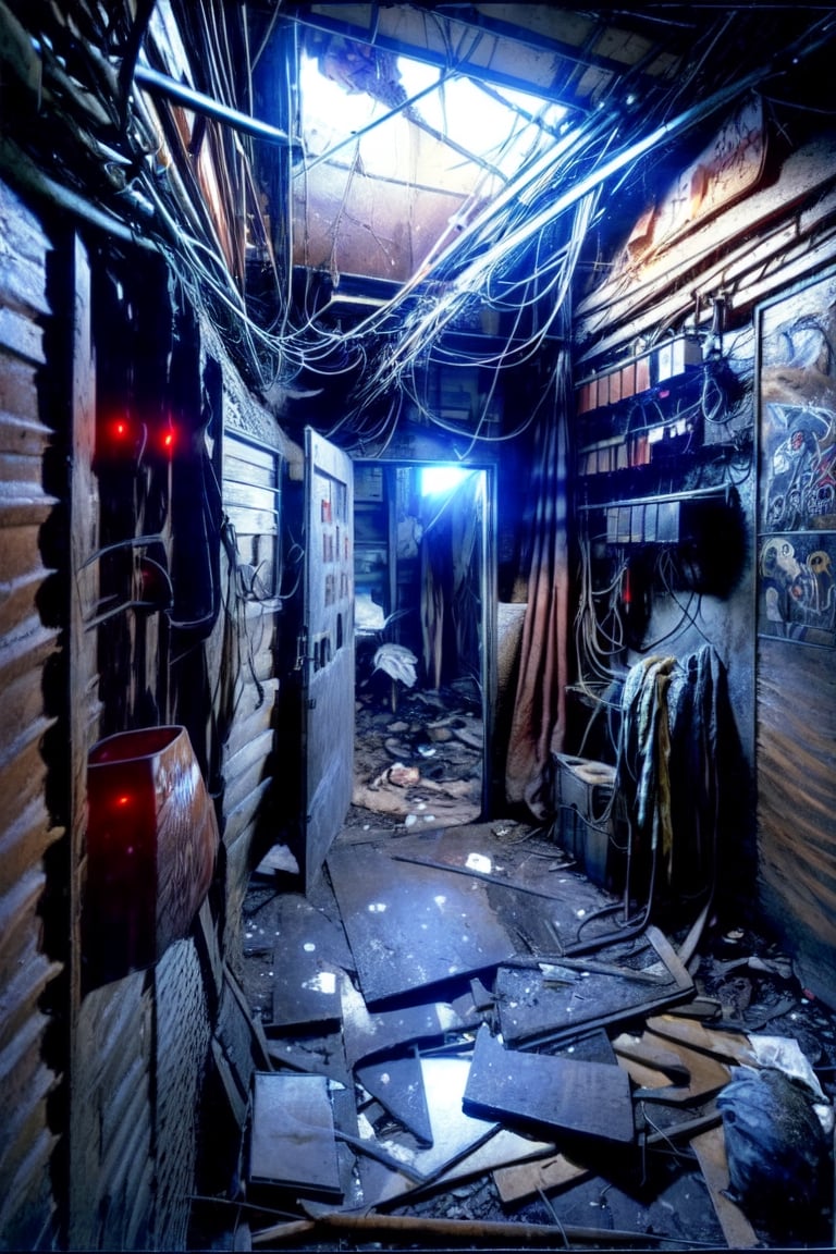 indoors, no humans, dim lights, scenery, door, dark, industrial pipe, alley, trash bag,electric wire,cybernetic,ruins,filthy,8k, (sharp focus:1.2), super (wide angle),complex and unstable building structures,neon lights and dense floors outside window, ((intensive fear)),hallucinogenic effects,cyber,bird 's-eye view,backroom