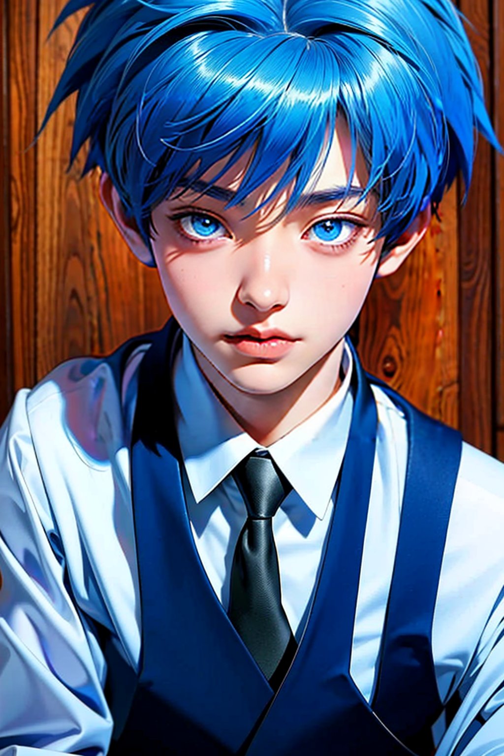 a drawing of 1 boy,Shiota Nagisa,(( with a weird face junji ito draw)),male focus, looking at viewer, upper body,blue hair, blue eyes, short twintails, school uniform, shirt, necktie, vest,