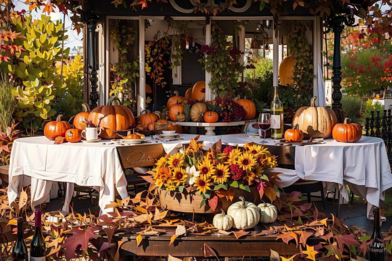 Fall table decoration with pumpkins, wine. Family thanksgiving dinner arrangement outdoors in the garden. Countryside style, simple handmade setting, (autumn mood)