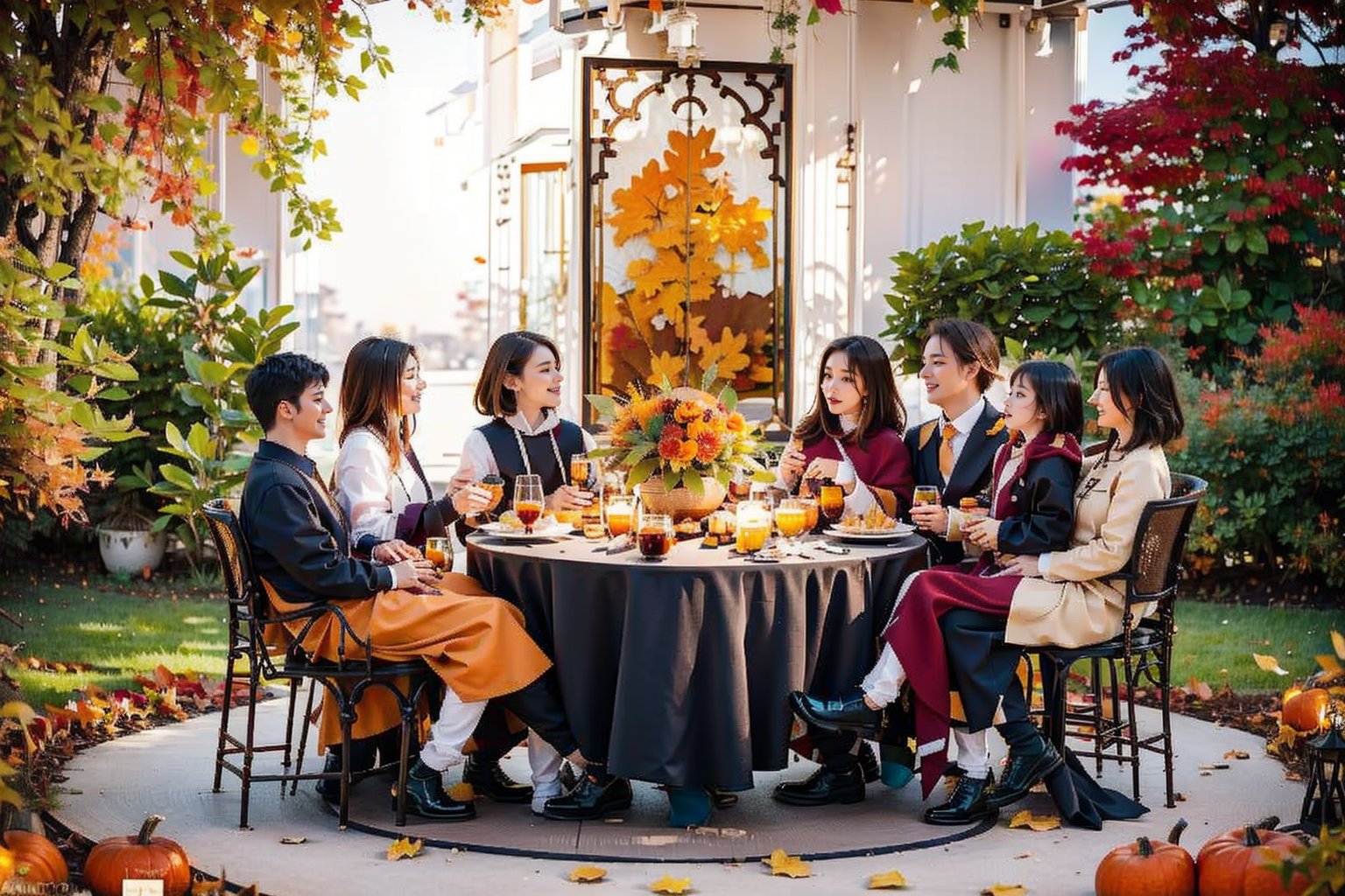 Fall table decoration with pumpkins, wine. Family thanksgiving dinner arrangement outdoors in the garden. Countryside style, simple handmade setting, (autumn mood)