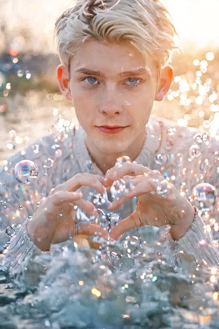 ((Bokeh:1.5)),(top view)((Soft focus:1.5)),(Fog),((blur)),(Lens Flare), 
16 yers old young man,alabaster skin, white hair, short Tousled Waves hair,(beautiful blue eyes),(Gazing at viewer), Sparkling Eyes,Cheeky Grin , Depth and Dimension in the Pupils, wears white Knit Top made of water, Lying on white water,Making Heart Hands
creating a sense of movement and depth,Water splashes,wallpaper,fantasy
