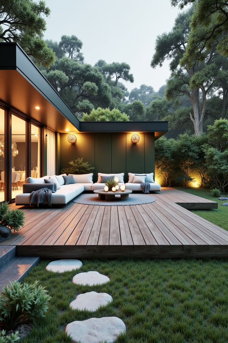 Modern contemporary style small wooden terrace in lush garden with house interior background 3d render, there are green wall fence decorated with white outdoor furniture and string light