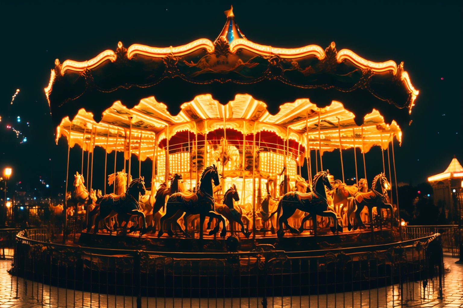 a carousel in sunset, beautiful sky, The seats are traditionally in the form of rows of wooden horses or other animals mounted on the edge of the rotating platform. the carousel is depicted with a variety of animal figures, illuminated by lights, and set against a night sky sprinkled with stars. The reflection on the water's surface suggests that the carousel is located near a body of water. The overall impression is one of whimsy and enchantment