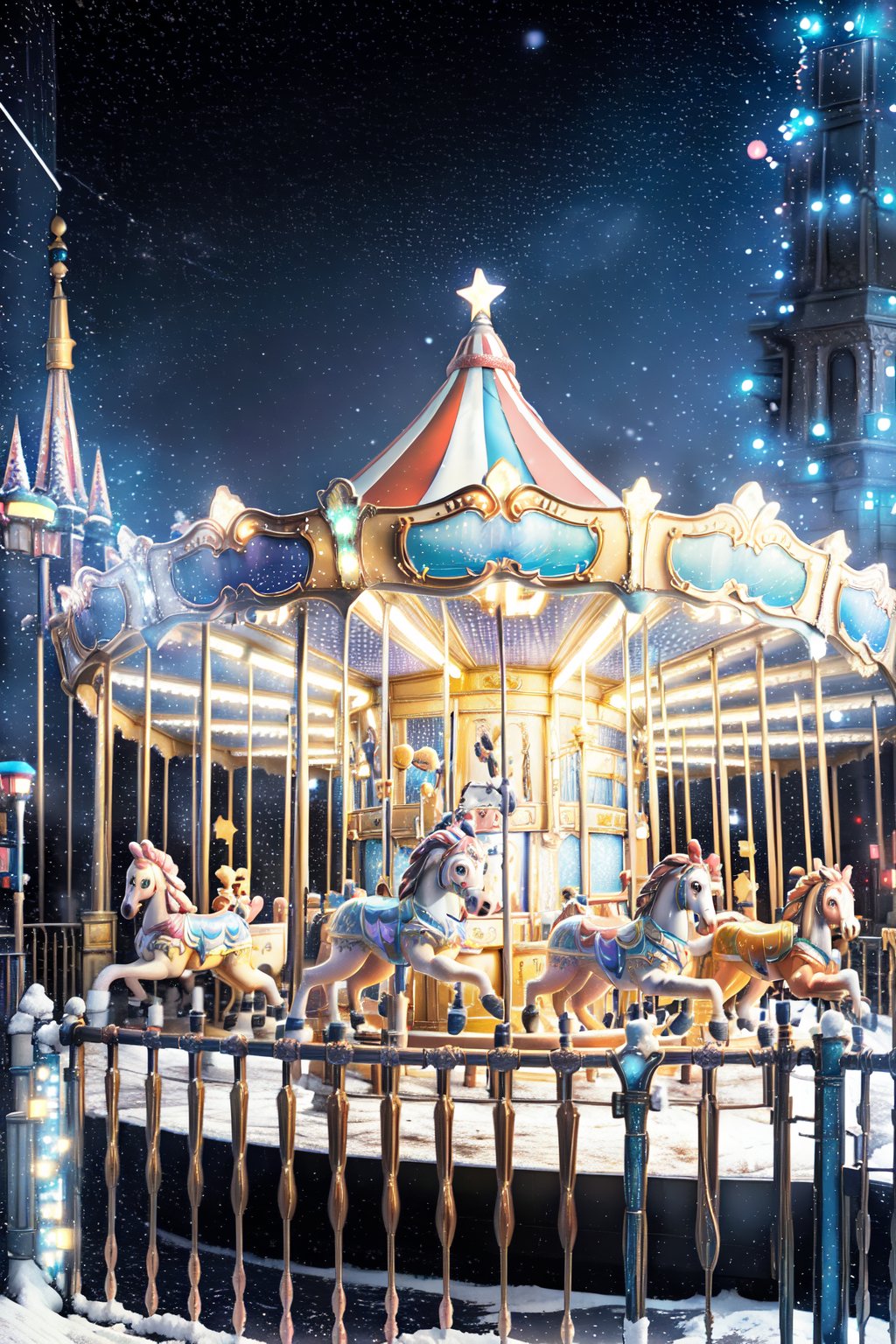 outdoors, night, scenery, snow, railing, lamppost,1carousel ,night sky, illuminated by lights, and set against a night sky sprinkled with stars. Whimsical and magical photo scene, blue and gold colors, in the style of miki asai,Ultra-wide lens view,Tilt-shift photography