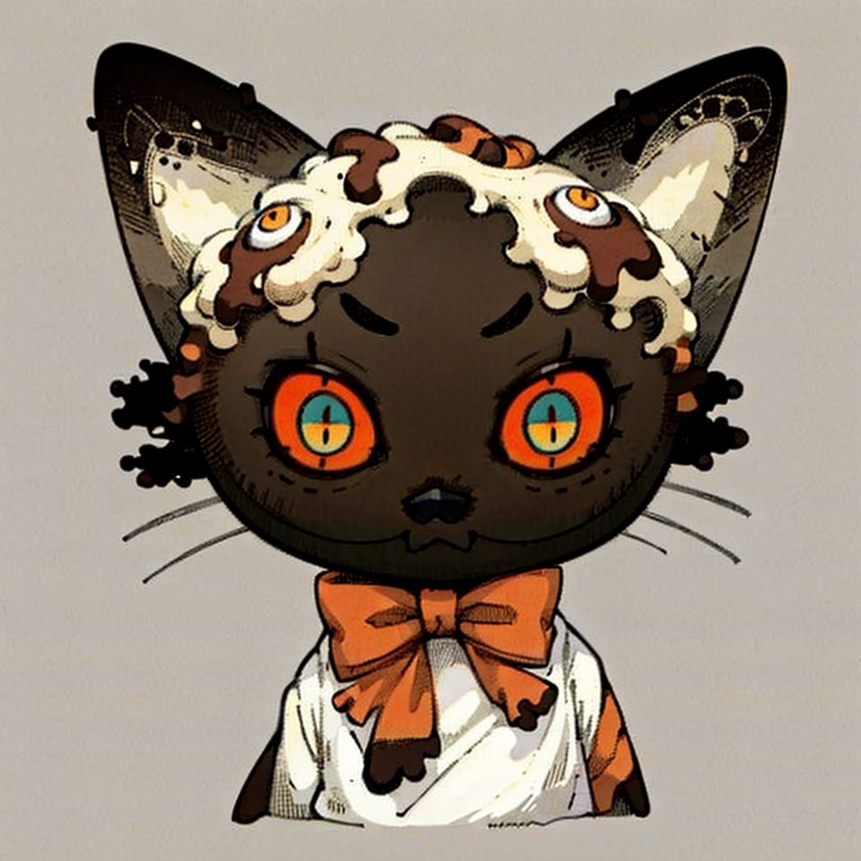 solo, looking at viewer, simple background, bow, (6orange eyes), upper body, bowtie, grey background, no humans, cat, bow,no mouth, colored sclera, (brownie cat), white bowtie, yellow sclera, whiskers,horror