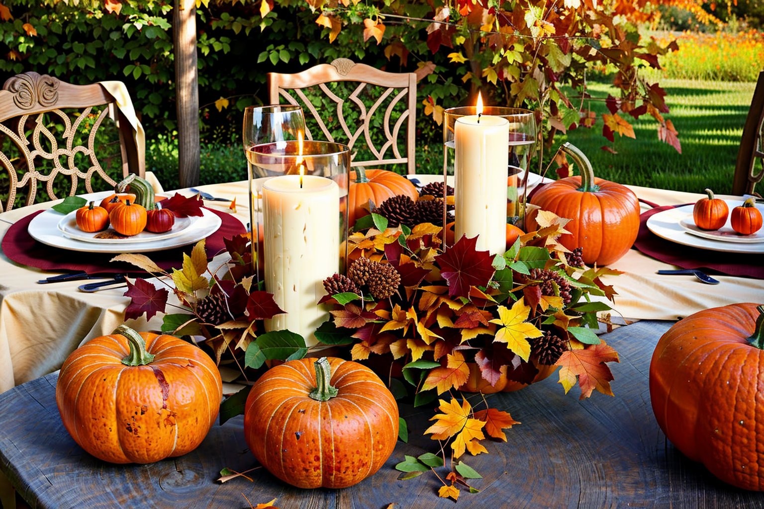 Fall table decoration with pumpkins, wine. Family thanksgiving dinner arrangement outdoors in the garden. Countryside style, simple handmade setting, autumn mood