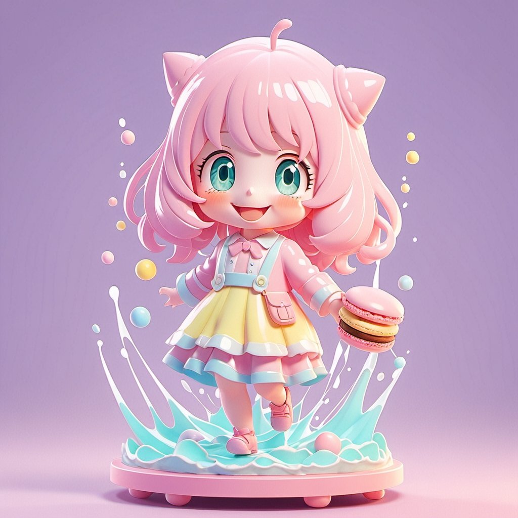 Generate a picture, (anya forger, anime, school girl outfit), look at viewer,smile.
a macaron color system, cute cartoon style, the whole body background is composed of delicate colors, pink, light blue, milky yellow and lavender, soft colors , operate the water splash to condense into luminous and transparent. Colorful round shape. 3D-sand-sculpture,blender. Rendering. Super realistic. 8K,chibi,powerdef,anya forger,spy x family