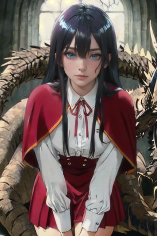 yumiella, 1girl, long_hair, bangs, black_hair, hair_between_eyes, closed_mouth, school_uniform, black_eyes, white_shirt, collared_shirt,shiny_hair, red_ribbon, dress_shirt, neck_ribbon, capelet,  expressionless beside her  (black dragon ), depicted in illustration with a style akin to the works of Brom, capturing the dark and fantastical elements of the scene. Moody color scheme with deep shadows, illuminated by ethereal lighting, evoking a sense of danger and allure. 300 DPI, HD, 8K, Best Perspective, Best Lighting, Best Composition, Good Posture, High Resolution, High Quality, 4K Render, Highly Denoised, Clear distinction between object and body parts, Masterpiece, Beautiful face, Beautiful body,  glistening skin, highly detailed background, highly detailed clothes, highly detailed face, beautiful eyes, beautiful lips, cute, beautiful scenery, gorgeous, beautiful clothes, best lighting, cinematic , great colors, great lighting, masterpiece, Good body posture, proper posture, correct hands, (correct fingers, right number of fingers), clear image, face expression should be good, clear face expression, correct face , correct face expression, better hand position, realistic hand position, realistic leg position, perfect posture of legs, beautiful legs, perfectly shaped leg, perfect leg position