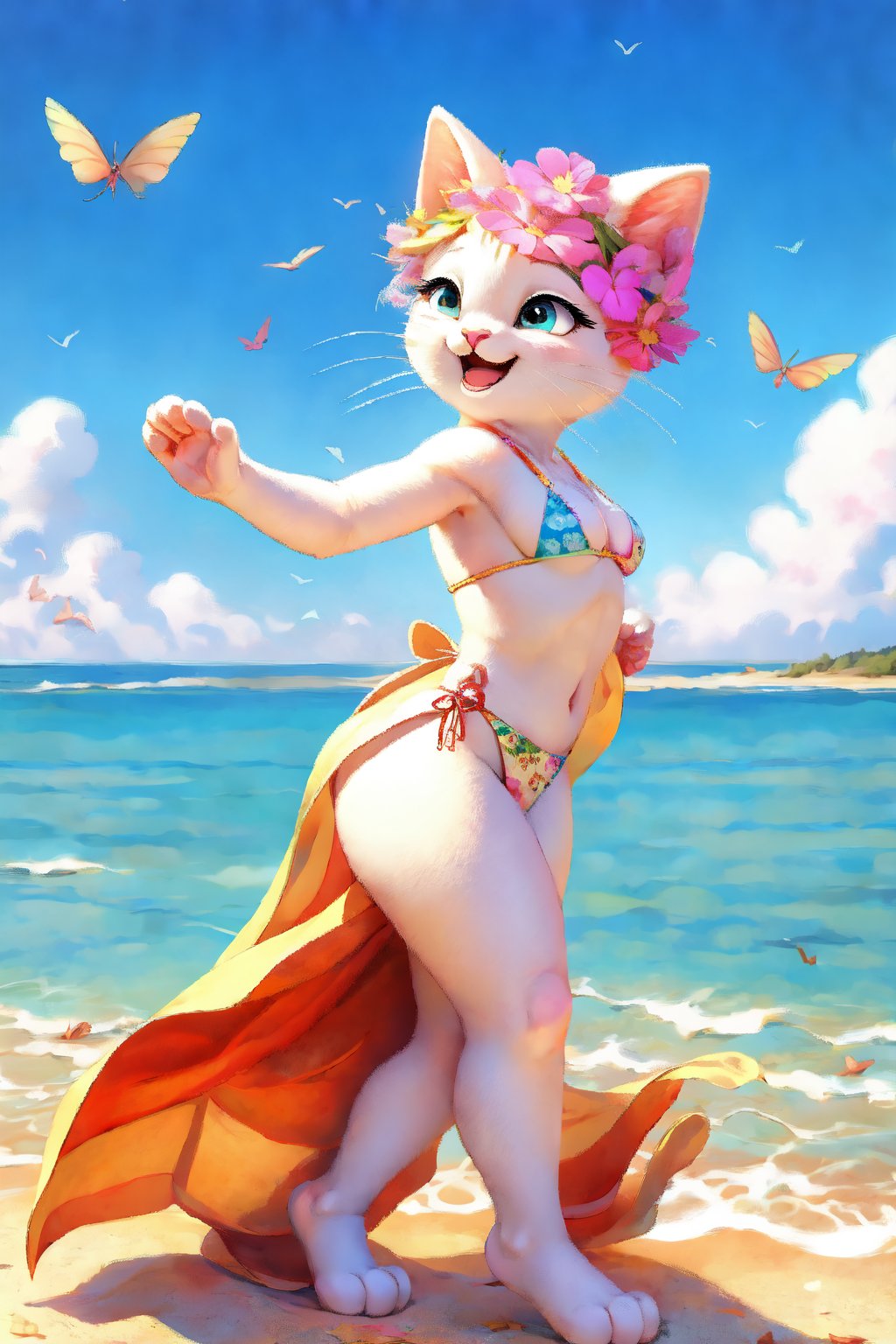 Real animal anthropomorphism
side view. full-body-shot. A sexy kitten with sexy long eyelashes in her eyes. She opens her arms and pulls a large piece of floral cloth. She feels freedom and happiness with a happy expression. The floral gauze on her body is fluttering in the wind. She is wearing a bikini, creating a sense of release and relief. Feel. The beach background is blurred, and the soft light enhances the emotion of joy and freedom in the picture.