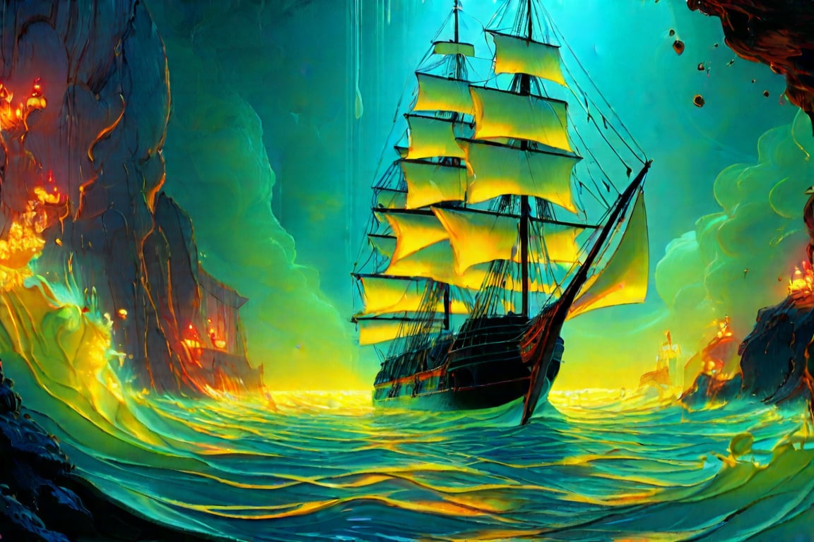 REALISTIC, underwater scene, a thin drop of fluorescent yellow paint drips into the calm water, like a thin mist gradually dispersing and flowing skillfully to form a transparent silhouette of a medieval sailing ship. The momentary scene has a sense of depth.