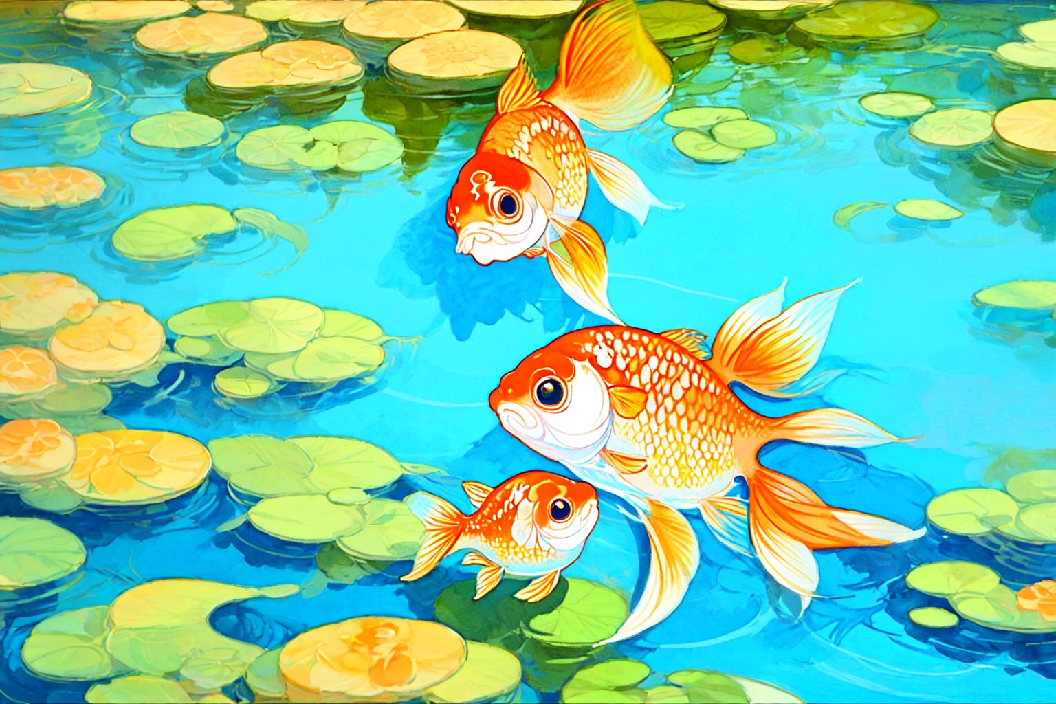 Image illustration of goldfish and ripples seen from above, water colour style,soft light colour