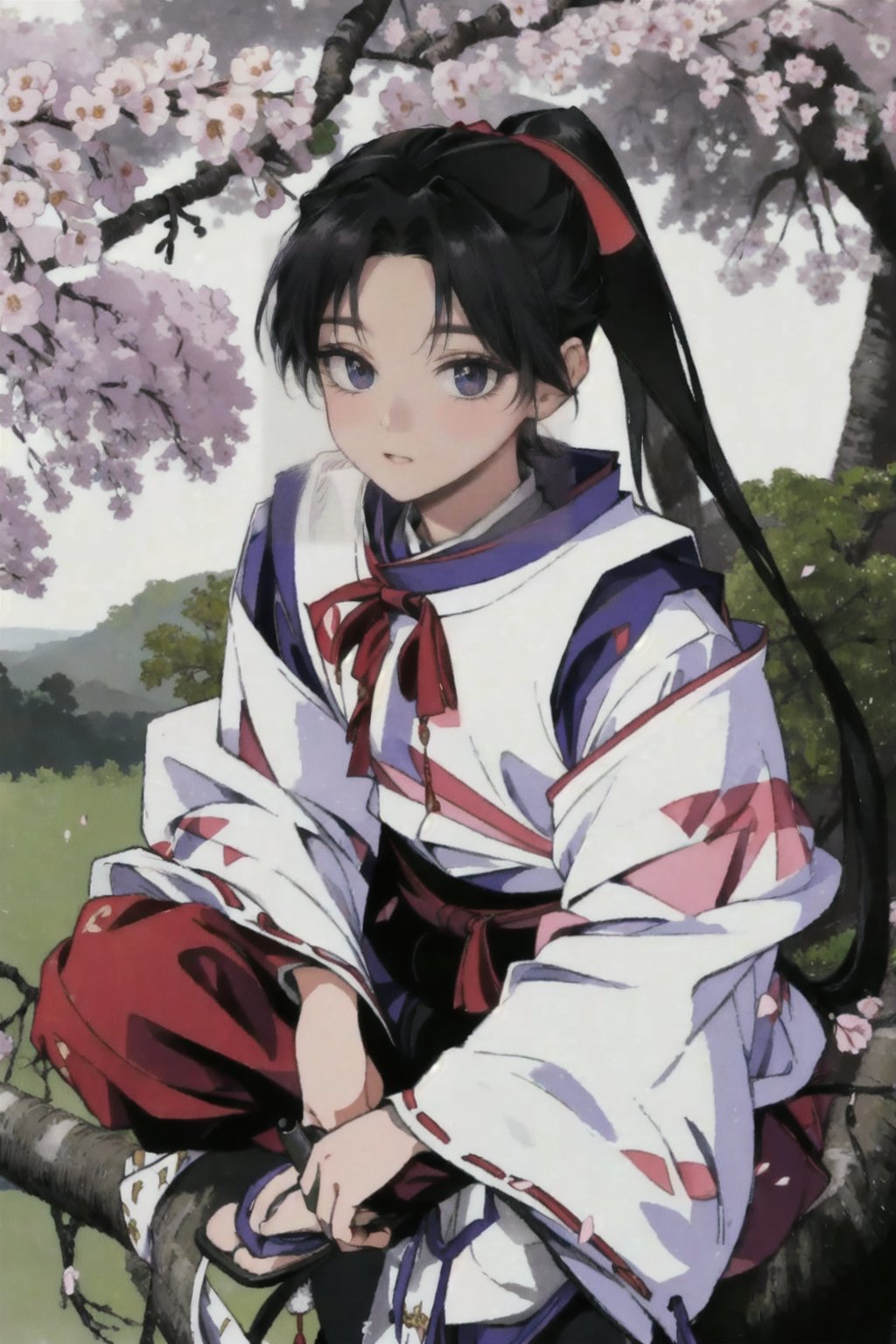 outdoors, tree, cherry blossoms, scenery,8k,soft light, 1boy, 10 year-old ,solo, long hair, black hair,looking at viewer, smile, white long sleeves, (realistic skin),  (light smile:1.1),(sit on tree), very long hair, closed mouth, purple eyes, full body, ponytail, weapon, male focus, japanese clothes, pants, sword, wide sleeves, red ribbon, sandals, katana, black background, sheath, ribbon trim, ribbon-trimmed sleeves, sheathed, tabi,Realism, photorealistic,  cinematic lighting effects, realism, super realistic