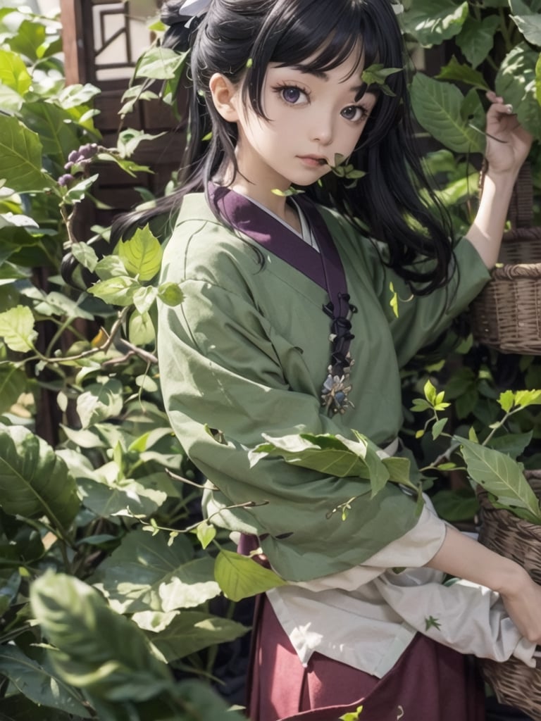 1girl, solo, long hair, looking at viewer, bangs, skirt, black hair, ribbon, dark purple eyes,  hanfu, green japanese clothes, long sleeves, wide sleeves, purple skirt, long skirt, mouth hold a leaf, skirt, right hand holding basket, herb inside basket