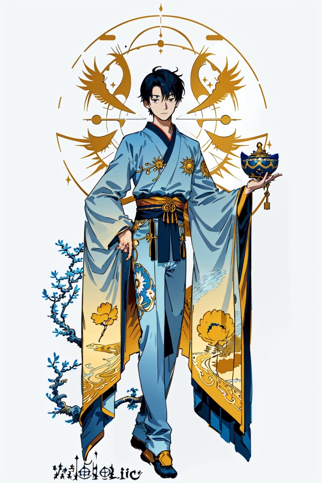 Luxury gold oriental style background vector. Japanese , Chinese oriental line art with blue flower and golden texture, bird and sun.(masterpiece, high quality:1.4), ((full body)),((1boy:1.4)),sitting,wtrcolor style