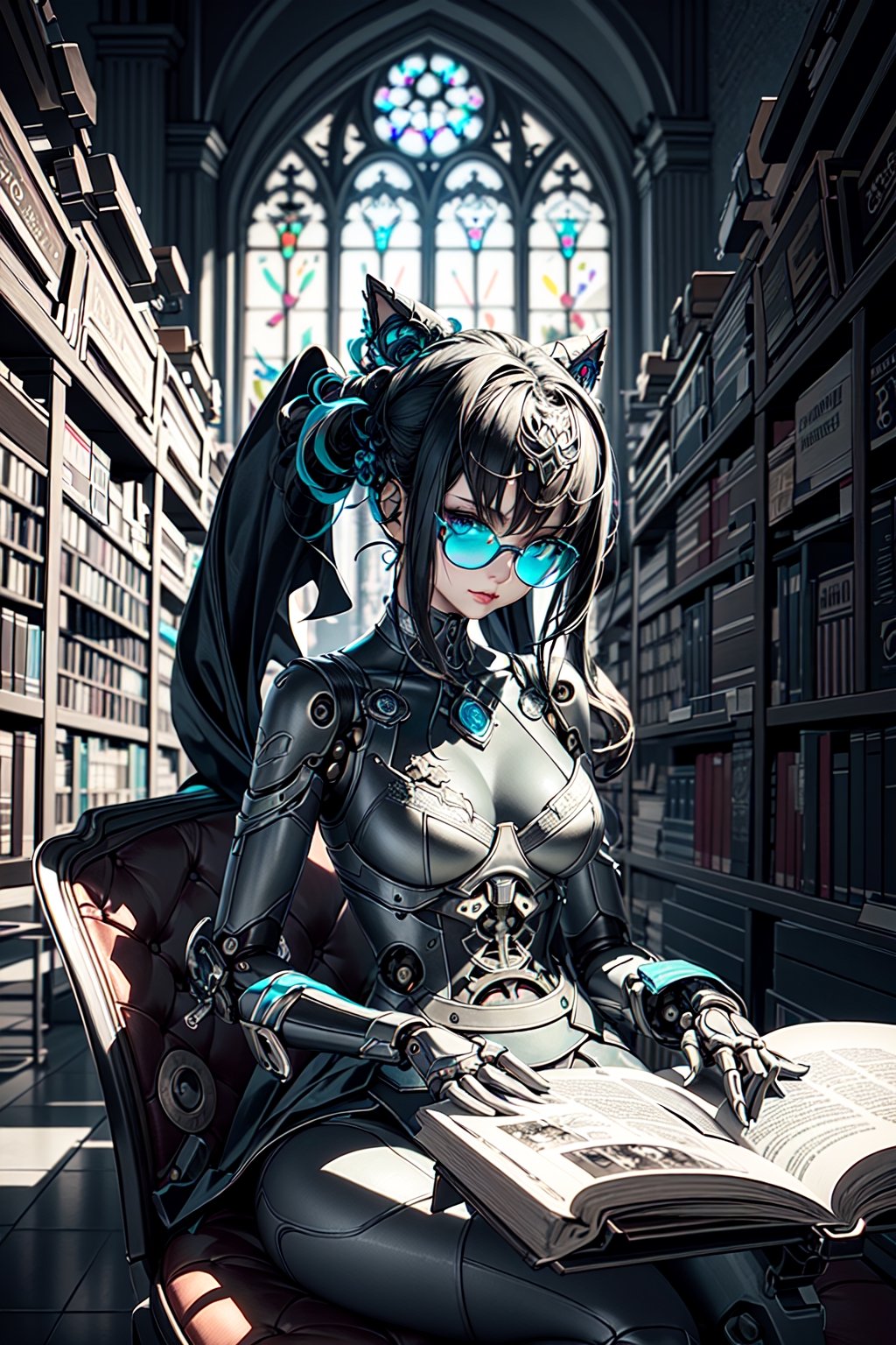 best quality, masterpiece,  realistic illustration, (mechanical), 8k ,artistic photography, perfect light,1 doll,bjd,sitting in old library