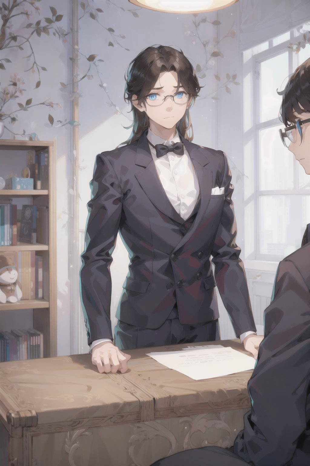 Two butlers wearing glasses, facing the camera in a modern, cozy room. The butler on the left has long black hair and is pointing towards the camera with a gloved hand, while the butler on the right has shorter brown hair and a calm expression. They are dressed in formal black suits with white accents. The background features a bookshelf, a stylish lamp. The lighting is warm and creates a welcoming atmosphere,hug,blue eyes,1boy,1girl,Oil Painting