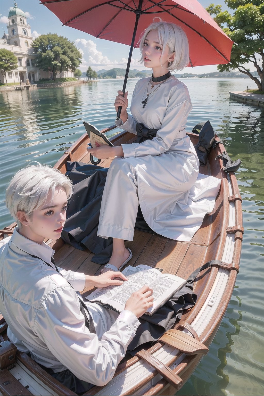 (1girl, black hair, black hair,  black dress,  hair bow ,jewelry, necklace, holding umbrella), 
(1boy, white hair, holding book, book, reading, white shirt, white trousers,) 
(1 boy 1 girl sitting in boat, boat on water), realistic, watercraft, trees,flowers