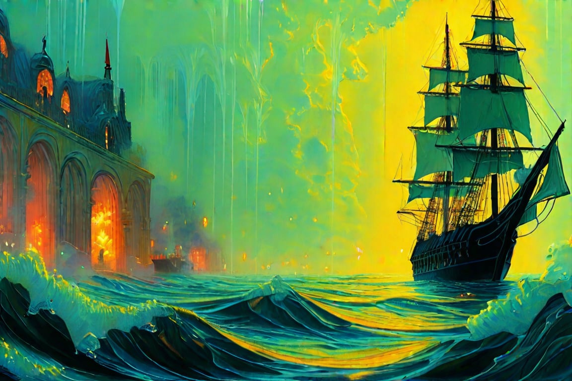 REALISTIC, underwater scene, a thin drop of fluorescent yellow paint drips into the calm water, like a thin mist gradually dispersing and flowing skillfully to form a transparent silhouette of a medieval sailing ship. The momentary scene has a sense of depth.