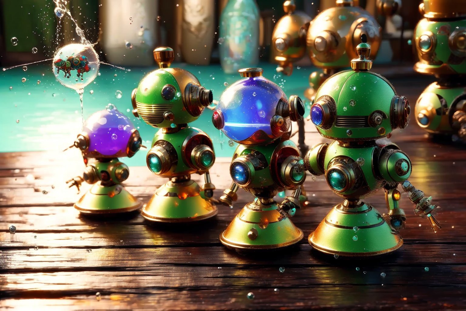 fantasy world of tiny robots carrying water droplets on a wooden table. In the style of miki asai,3d, maya