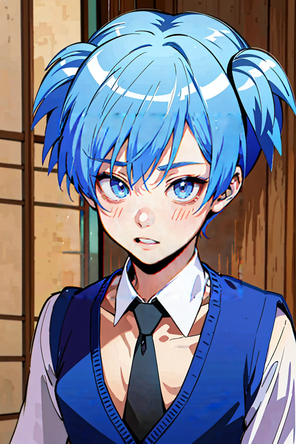 a drawing of 1 boy,Shiota Nagisa,(( with a weird face junji ito draw)),male focus, looking at viewer, upper body,blue hair, blue eyes, short twintails, school uniform, shirt, necktie, vest,