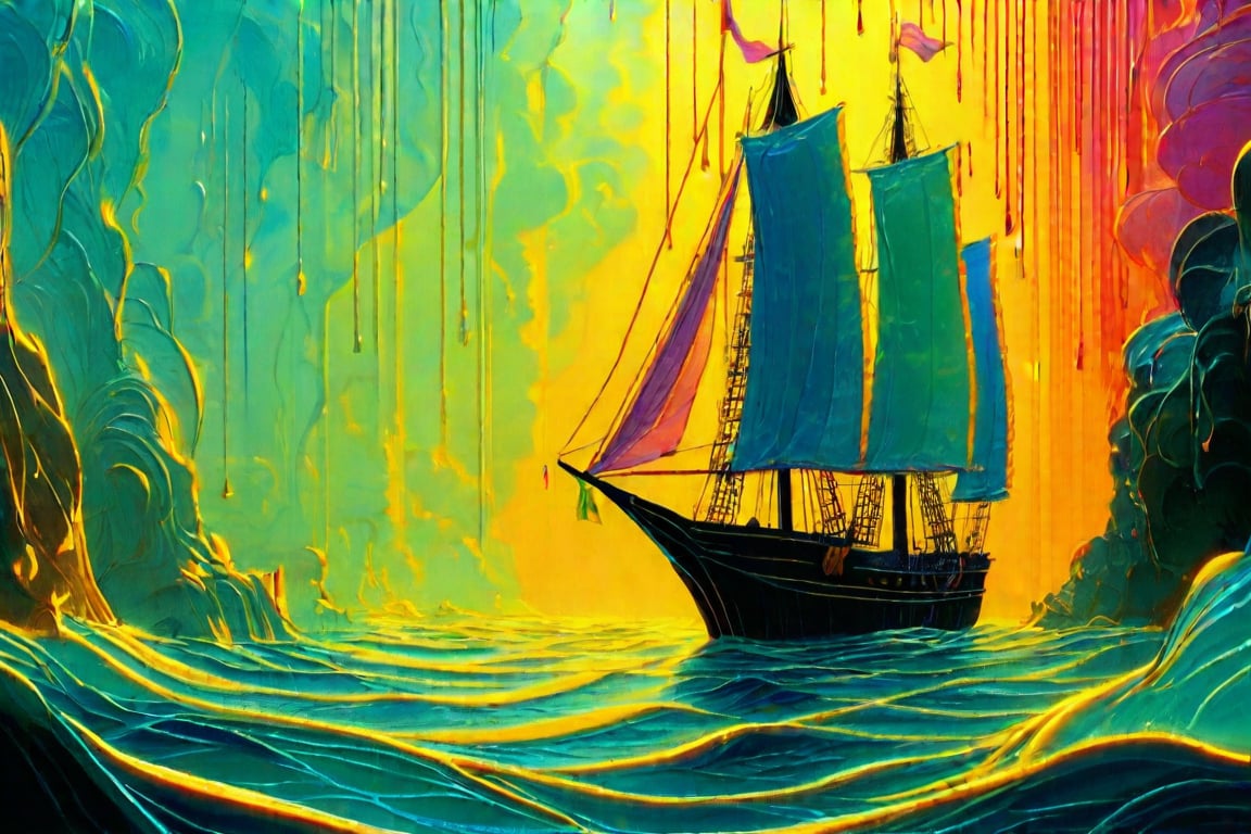 REALISTIC, underwater scene, a thin drop of fluorescent yellow paint drips into the calm water, like a thin mist gradually dispersing and flowing skillfully to form a transparent silhouette of a medieval sailing ship. The momentary scene has a sense of depth.