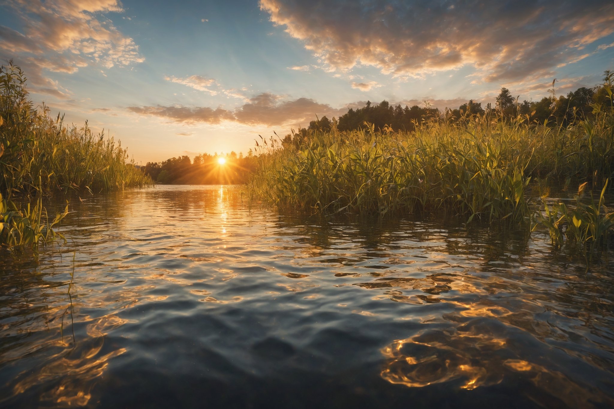 In midsummer, under the sunset, golden ripples appear on the lake. Subtle and charming light and shadow effects, a dream-like scene, infinite possibilities in the digital world, ultra-realistic, ultra-clear, complex details, ultra-wide-angle lens 16k