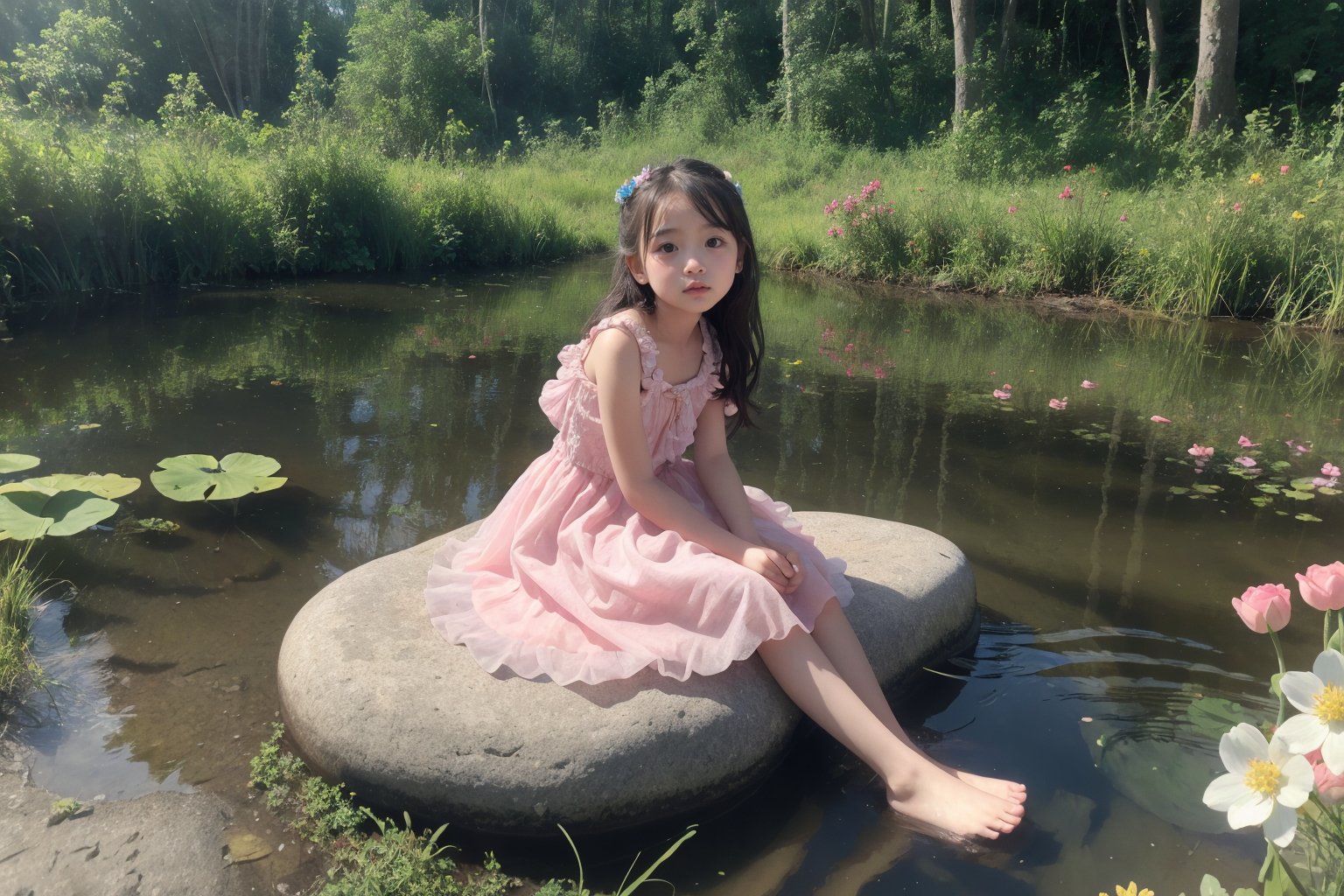 A girl sitting on a rock in the water, fantasy art, beautiful little girl in pink dress, ((12 years old)), soft light hazy day, very sad mood, blooming flowers, detailed colorful art, by the pond, timid, masterpiece, best quality