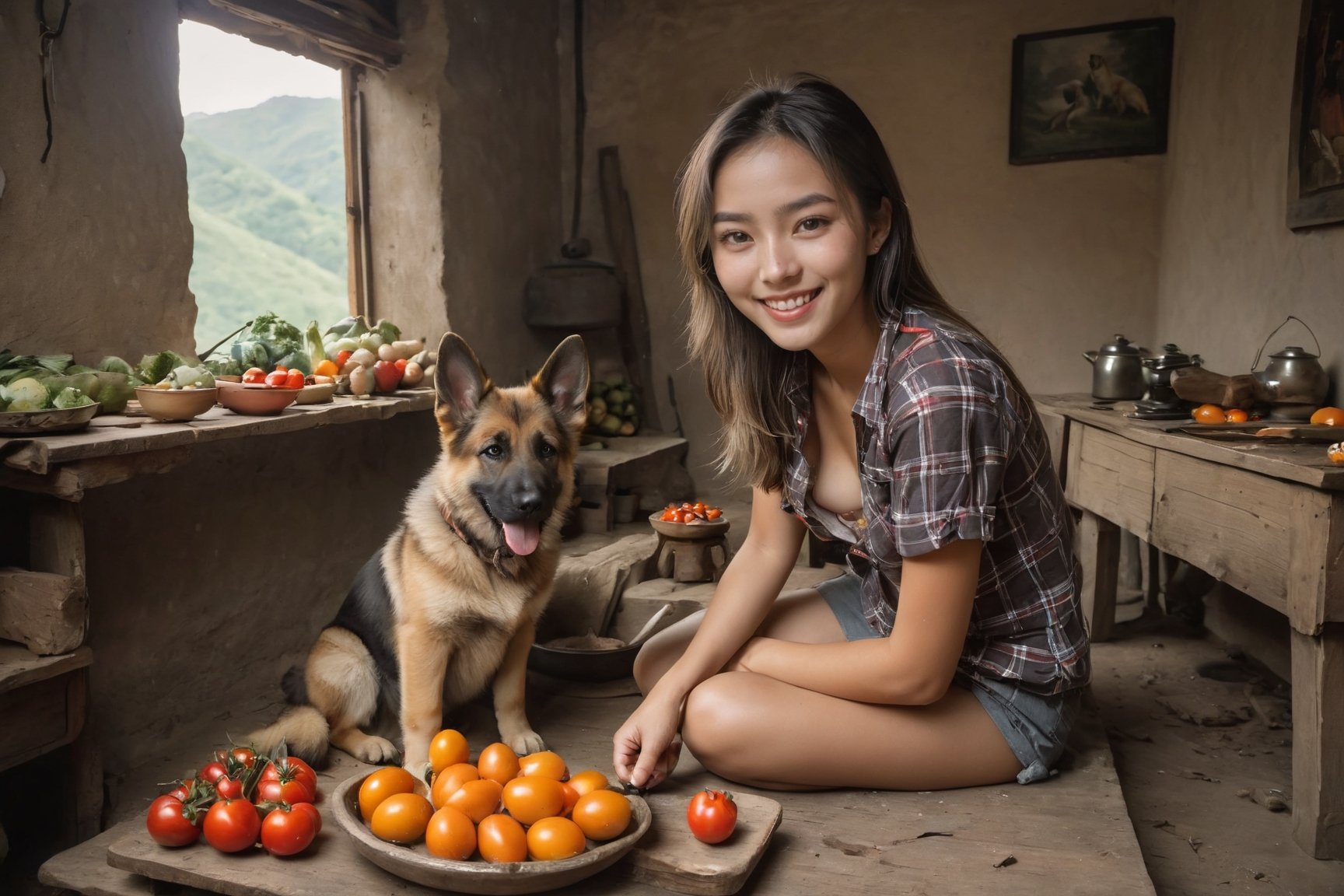 In a very poor rural area in the deep mountains of China, a photo of a super beautiful girl with no makeup and a German Shepherd puppy, smiling, wearing a plaid shirt, (underwear), small breasts, sitting on a wooden stool, cutting vegetables next to a wooden table , there are a small amount of vegetables, a small amount of tomatoes, a small amount of eggs on the table, side, gray shorts, slender thighs, bare feet, oil lamp flickering, dilapidated room, dark room, a pot on the fire on the ground, soup simmering in the pot, steaming , old clothes, calligraphy and paintings, full-body photos hung on the wall, rich in details, smooth and translucent skin, super clear, super realistic, super wide-angle lens, super real, long shot