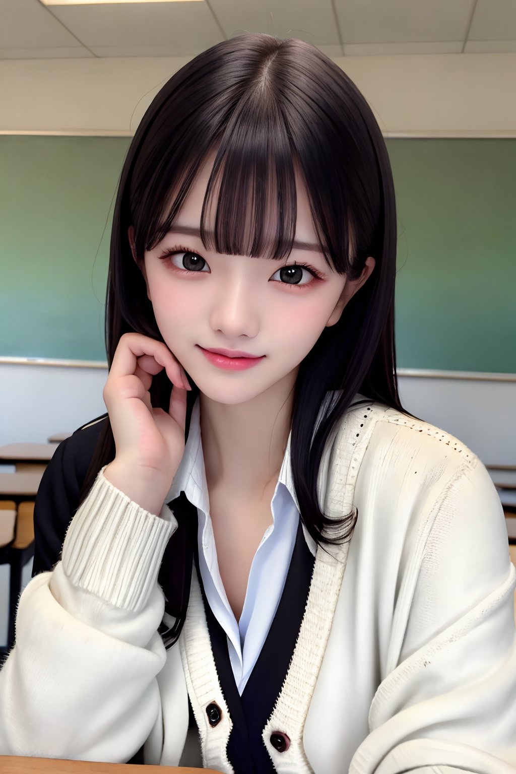 (masterpiece, best quality, photorealistic, high resolution, 8K raw photo), 
1girl, slender, Korean girl, idol face, round face, smooth soft parl skin, detailed fair skin, long hair, blunt bangs, sheer bangs, (brown eyes, black eyes), small boobs, A slightly troubled face,
detailed skin, pore, lovely expression, realistic, cute look, cute smile:1.2, open mouth, sitting,
Break
wet skin, wet body, 
wearing(school uniform:1.2, black blazer on white cardigan, school blouse:1.3), 
Break,
focus face:1.2,
beauty model, high school, classroom, Detailedface, 
Realism, Epic ,Female, Portrait, Raw photo, Photography, Photorealism, SGBB, alluring_lolita_girl, Young beauty spirit  ,little_cute_girl, ,hands,jirai_kei,