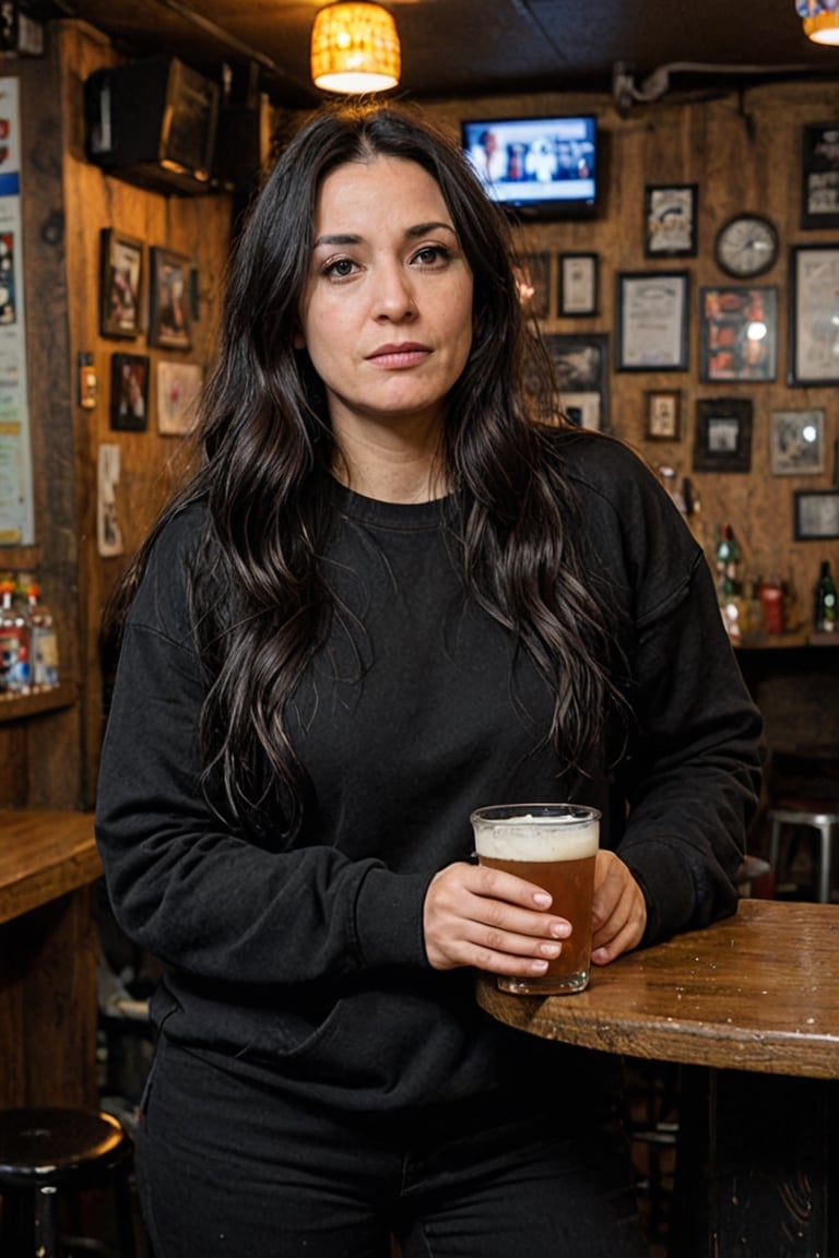 Depressed woman (40 years old) with long black hair and black eyes, unkempt, wearing black pants and a black sweatshirt, drinking in a dive bar, 