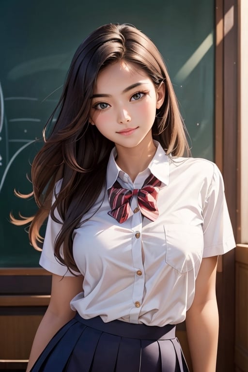 (best quality)), ((masterpiece)), ((realistic)); college student, female, college uniform, organic shapes, harmonious composition, upper body, dynamic movement, excited to start the school year, (lovely and charming face, long_hair, tanned), ((beautiful, sultry, sensual))
