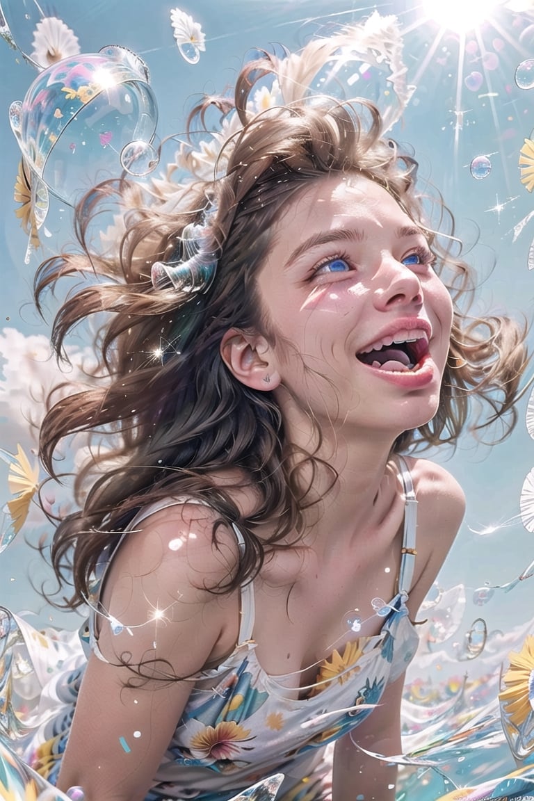 1girl,solo,white background,falling down,floating,in air,floating hair,Bubbles, blue eyes, clear sparkling deep eyes, smiling, happy, open mouth,refracted sunlight, light spots, sadness, lowered head,short hair
pastel,perfect light,1 girl