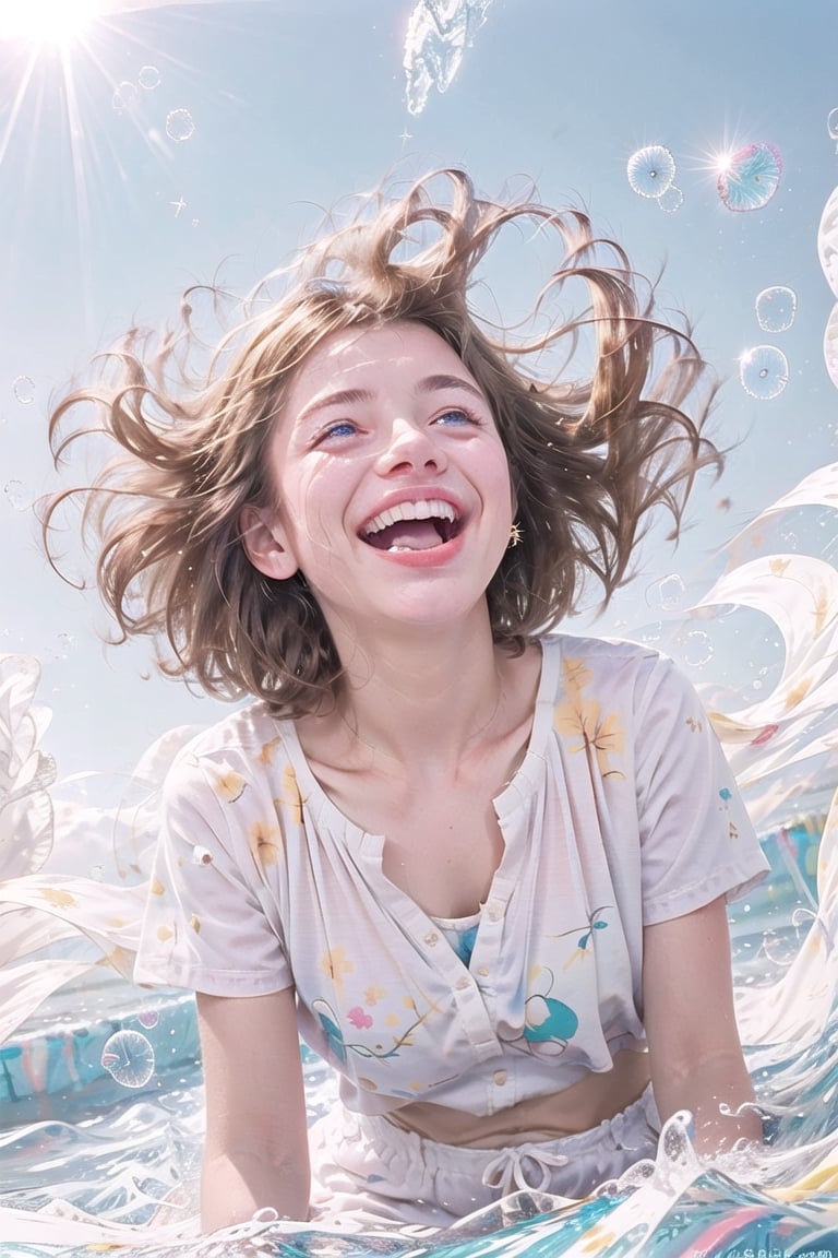 1girl,solo,white background,falling down,floating,in air,floating hair,Bubbles, blue eyes, clear sparkling deep eyes, smiling, happy, open mouth,refracted sunlight, light spots, sadness, lowered head,short hair
pastel,perfect light,1 girl