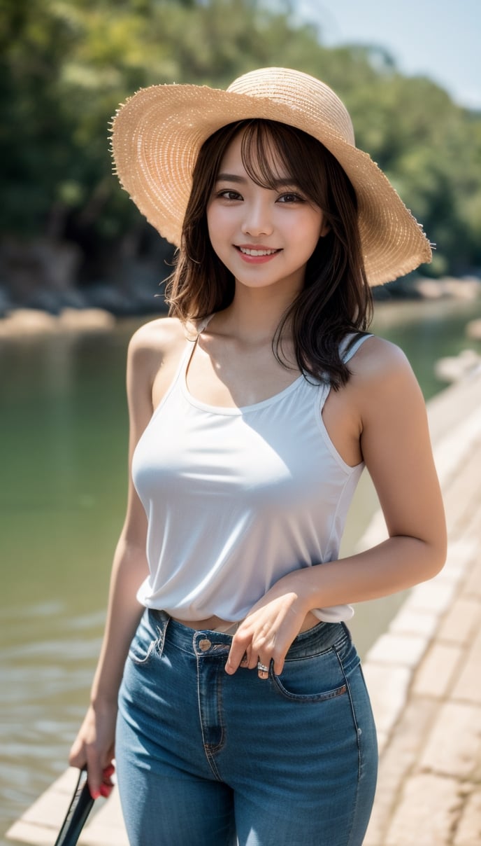 By the river, a super voluptuous Chinese beauty, blue skinny jeans, white tank top, little white shoes, sun hat, holding a Roadrunner rod in one hand and a Mandarin fish in the other, with a very satisfied smile, real photo, 8k