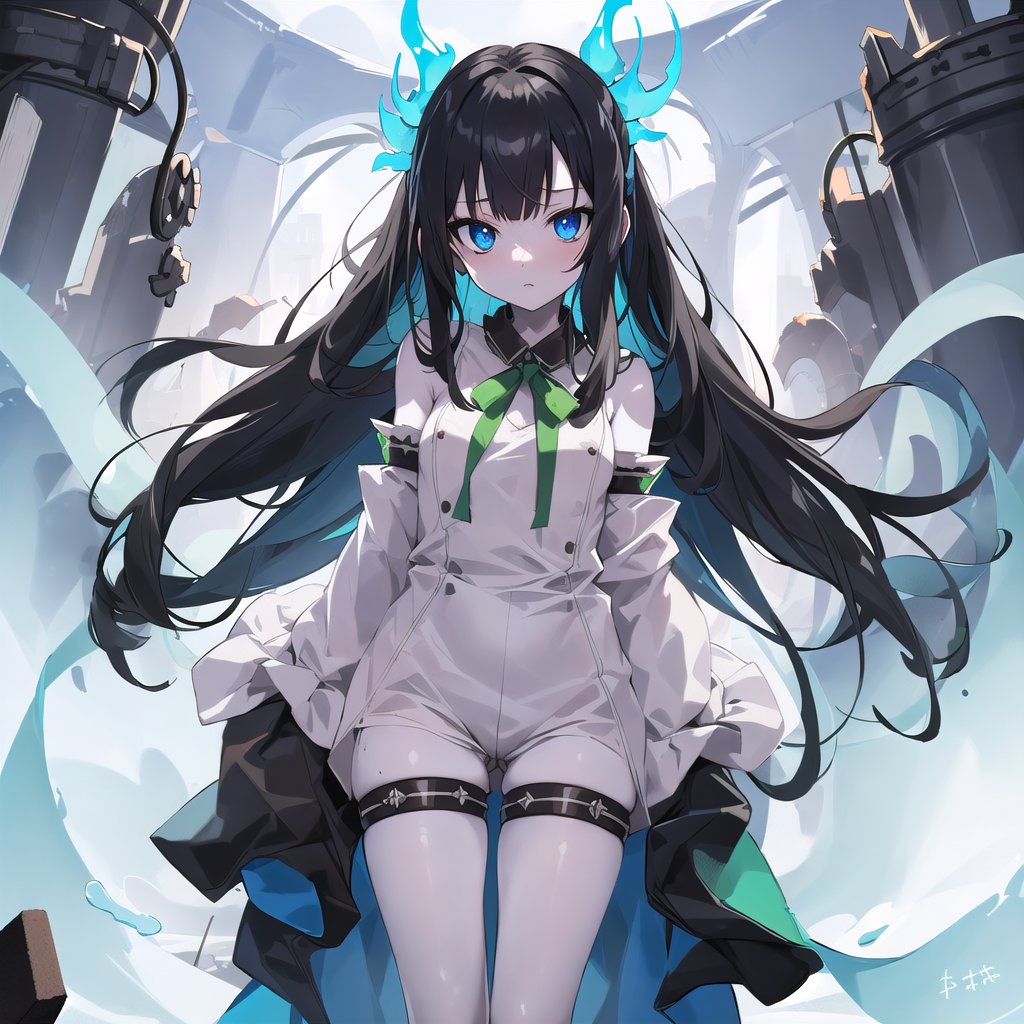 masterpiece, best quality, 1girl, solo,(white coveralls down to the upper arms and knees, green pattern on the thigh part of the clothes, green ribbons hung to the end of clothes,) ,, (full body,loli), (((white skin))), (black hair, blue eyes, long hair, wavy hair), , standing,(shackles),  (spiked collar), (blue flames, blue fire, burning), (hell, ruins), looking at viewer, 